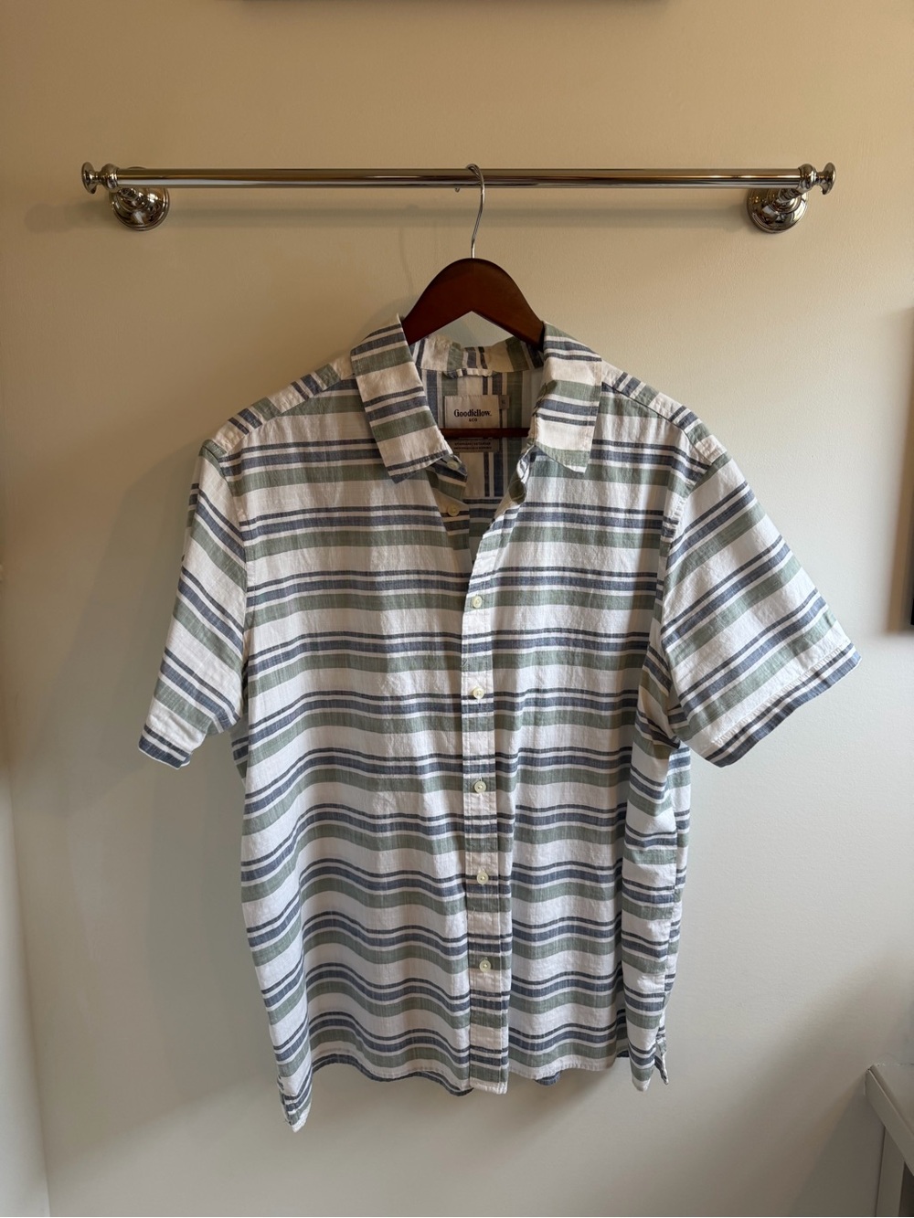 Goodfellow & Co Men's Short Sleeve Striped Button-Up Shirt - White, Green & Blue
